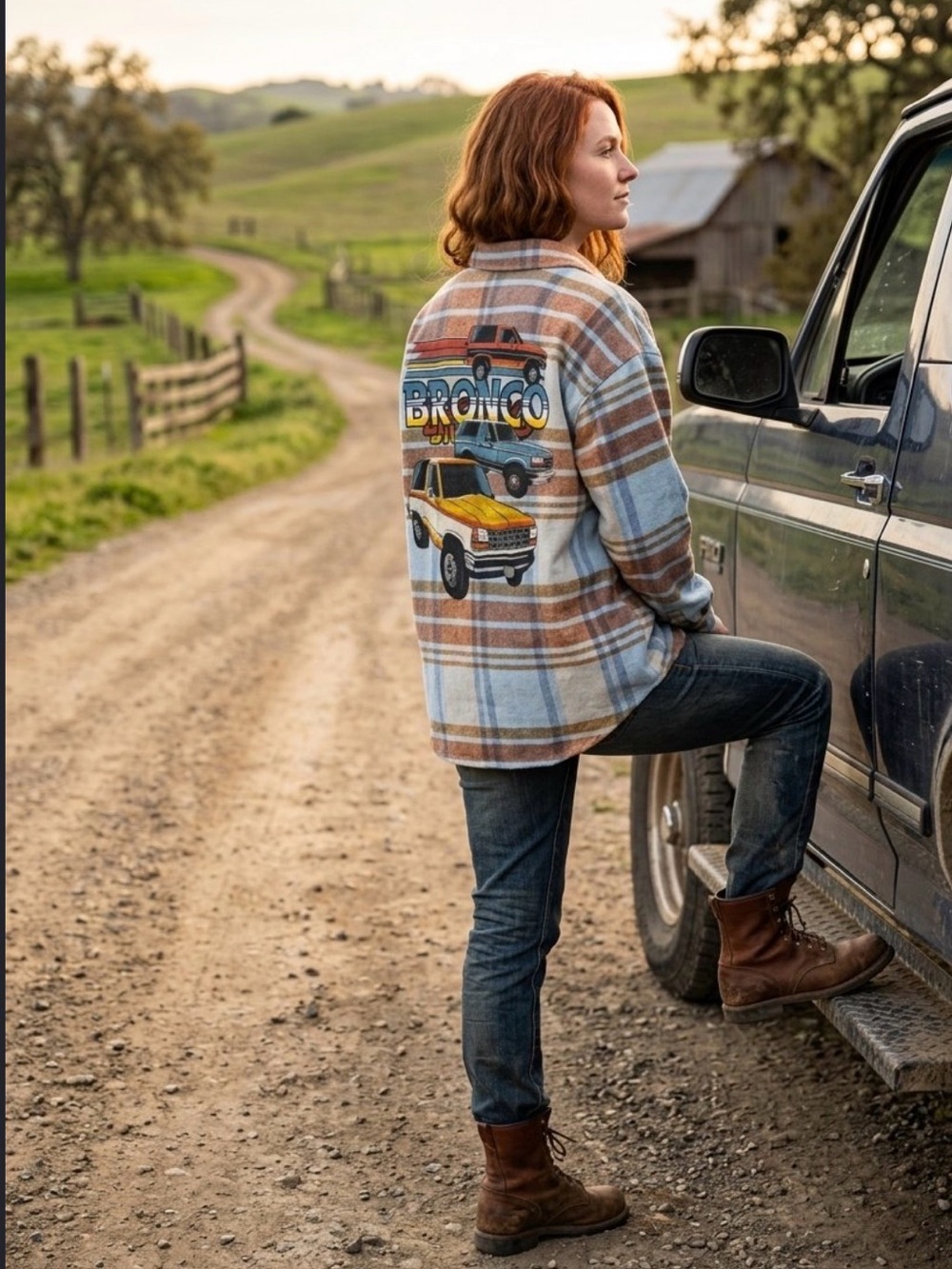 Ford Bronco Licensed Blue Tan Women’s Plaid Flannel Button Up Graphic Shirt XL